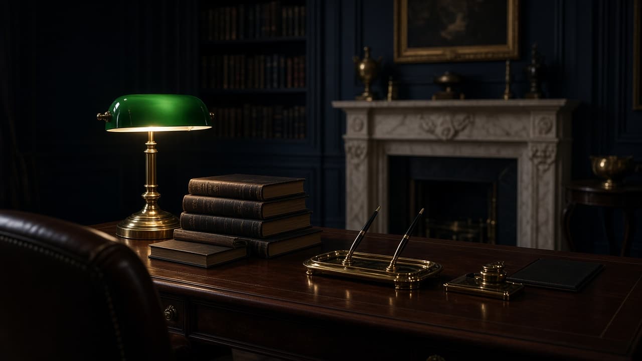 Mahogany consultation desk with a banker's lamp and legal briefs