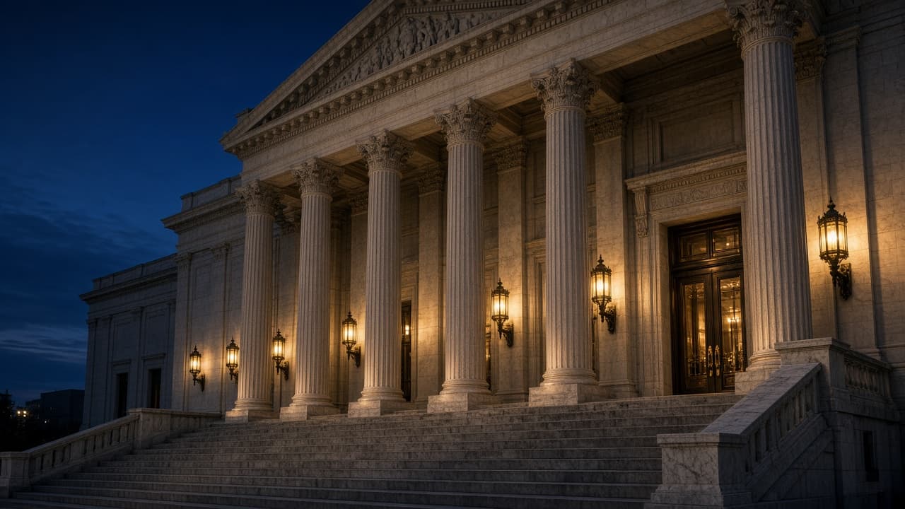 Federal courthouse portico at twilight with lantern-lit columns