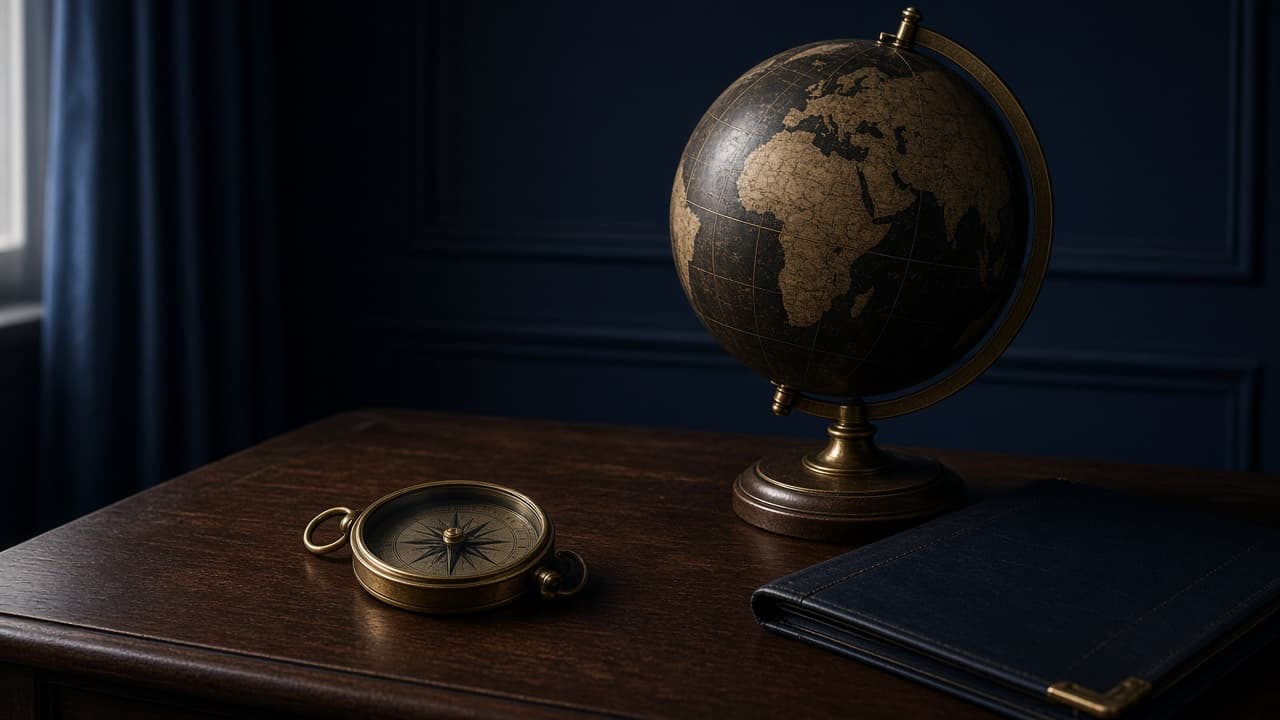 Antique globe on a walnut desk beside a brass compass